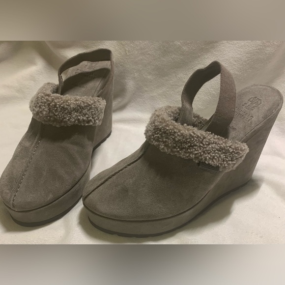 Brunello Cucinelli Suede Shearling Wedge Slingback Clogs Grey size EU 39 / US 9 - Picture 7 of 14
